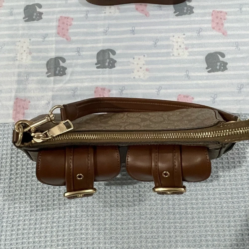 Coach Brown Signature Canvas Shoulder Bag with Double Buckle Pockets